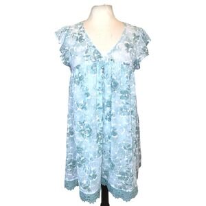 By the River Anthropologie Teal Green Floral Empire Waist Babydoll Dress M